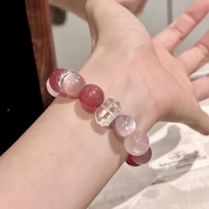 [Peach Blossoms] Natural Crystal, Strawberry Crystal, Rose Quartz, White Crystal Sugar Cube Bracelet, Niche Crystal Bracelet Gift for Women